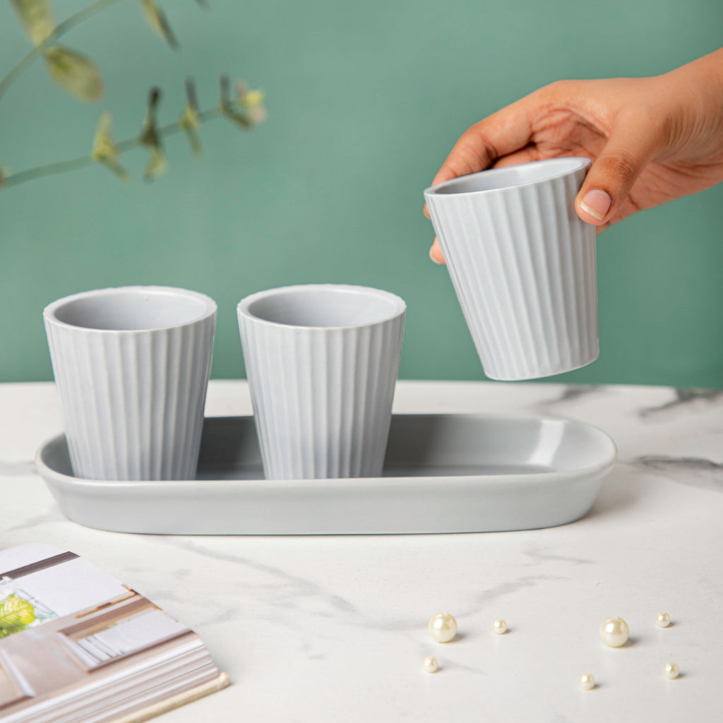 Ternion Ribbed Planter Set Of 3 With Plate Grey Nestasia