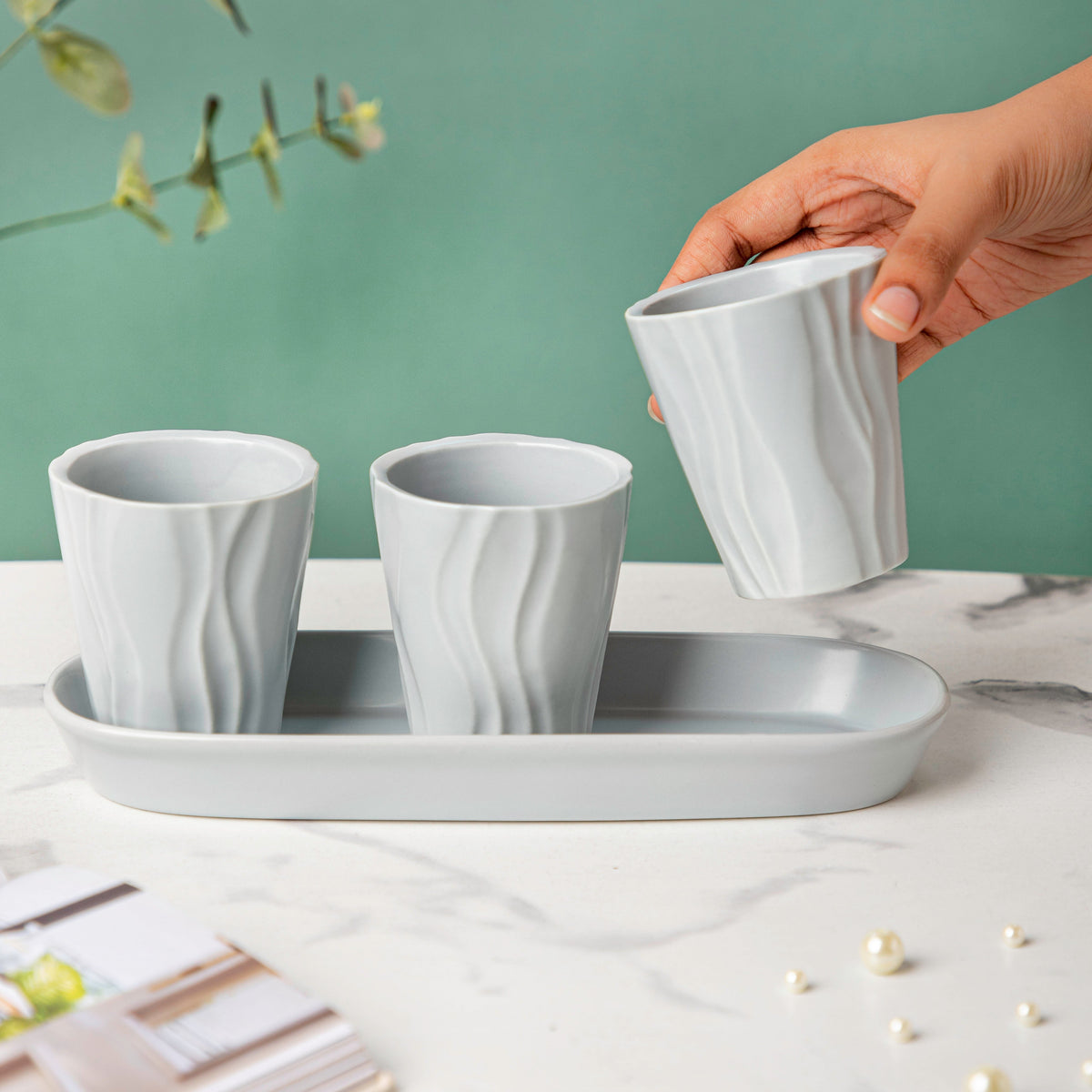 Ternion Wavy Textured Planter Set Of 3 With Plate Grey Nestasia