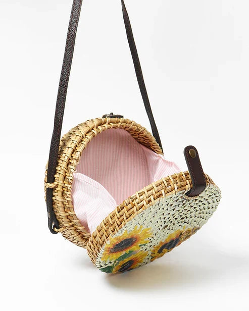 Natural Round Rattan Sling Bag for Beach, Travel, and Everyday Use