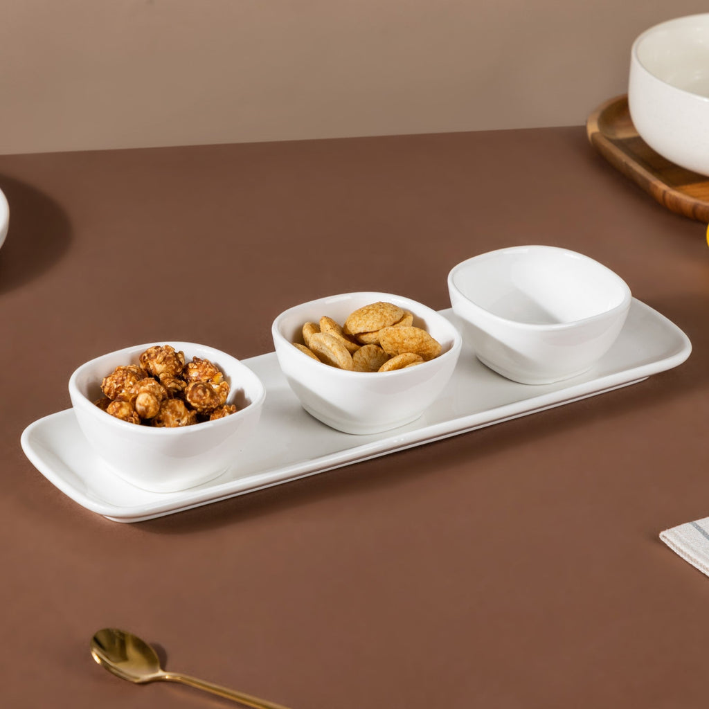 Serena Pearly White Dip Bowl Set Of 3 with Tray Nestasia