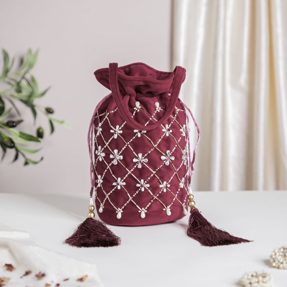 Phulvari Velvet Potli Bag Maroon Nestasia