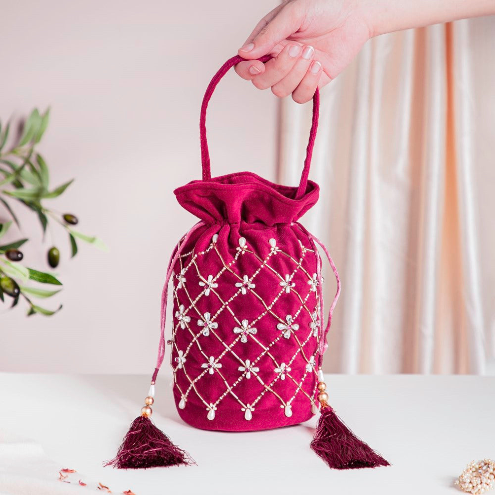 Phulvari Velvet Potli Bag Maroon Nestasia