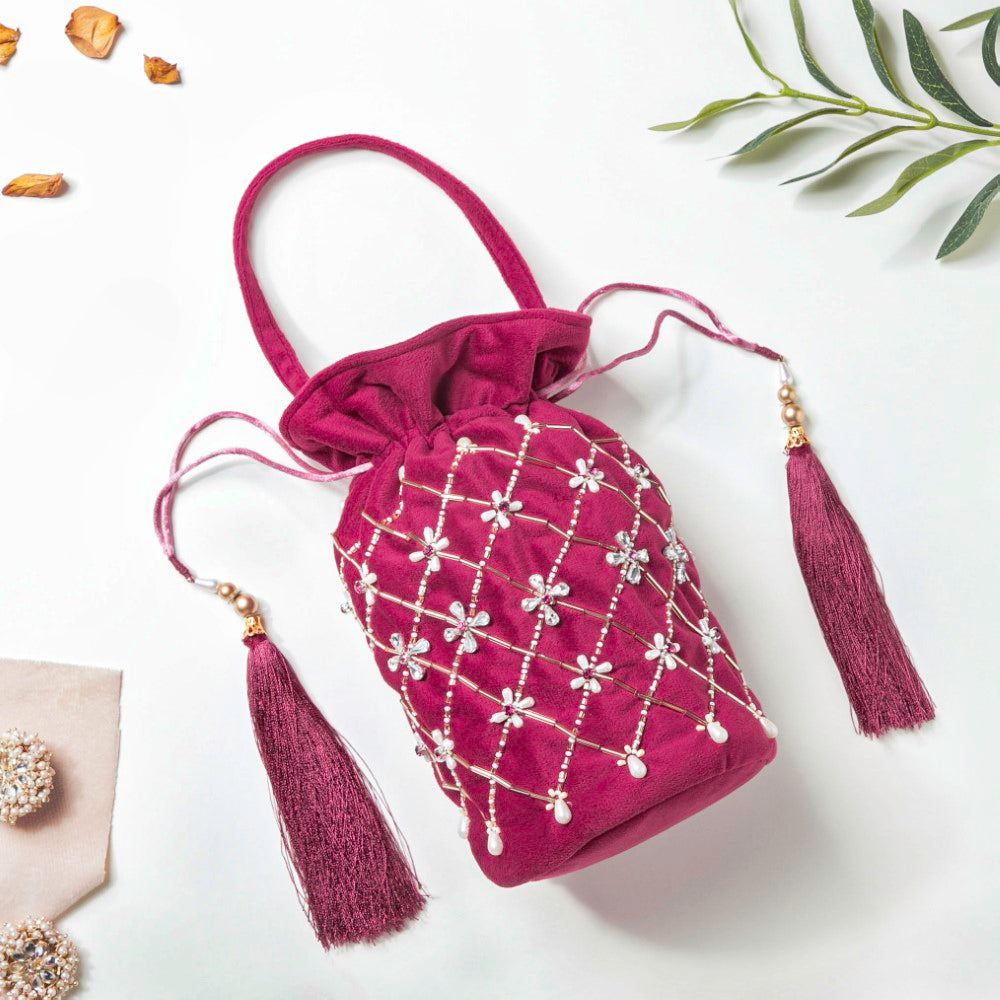 Phulvari Velvet Potli Bag Maroon Nestasia