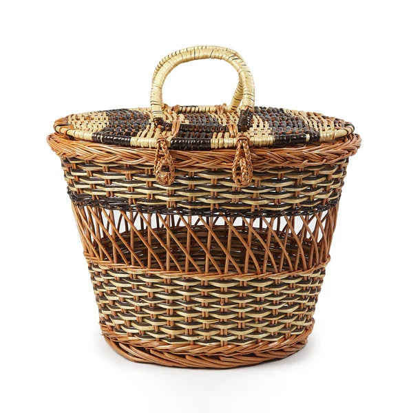 Rustic Wicker Picnic Basket with Lid for Family Meals & Travel