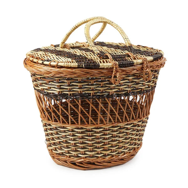 Rustic Wicker Picnic Basket with Lid for Family Meals & Travel