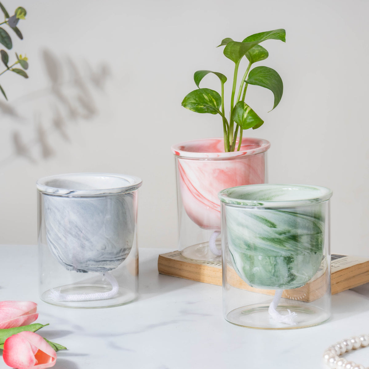 Modern Grey Ceramic Planter With Glass Stand Nestasia