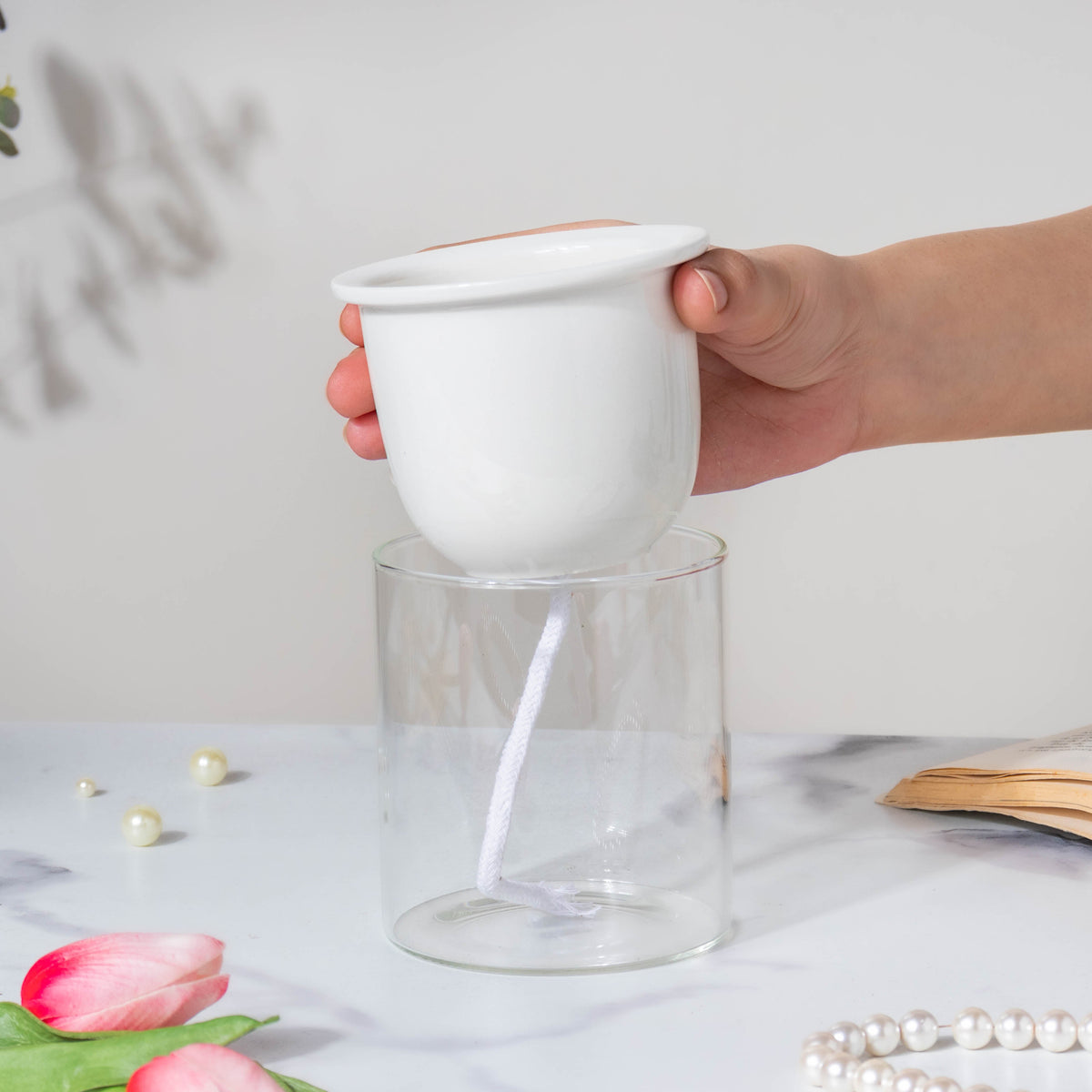 Modern Ivory Ceramic Planter With Glass Stand Nestasia