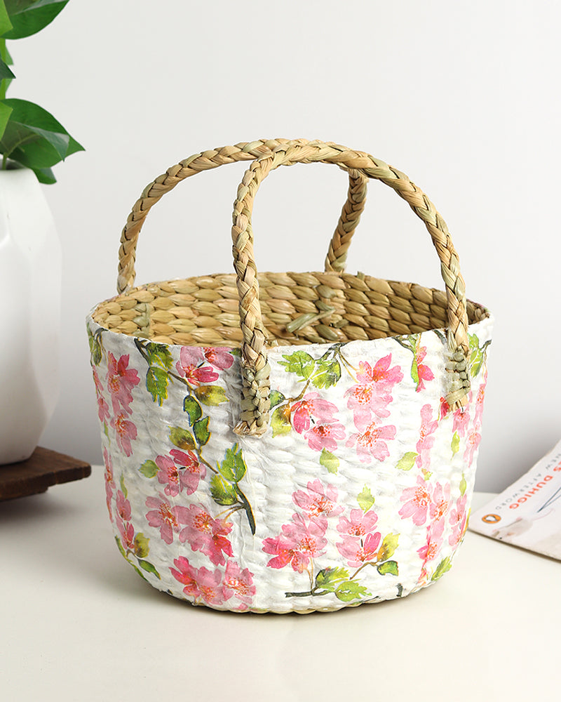 Round Seagrass Basket for Fruit Storage and Decorative Hamper