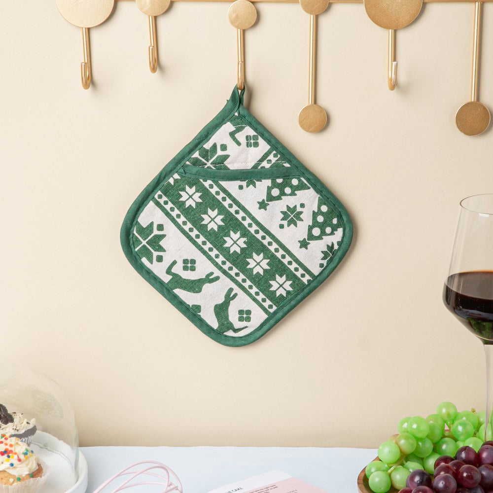 Festive Christmas Oven Mitt And Mat Green Set Of 2 Nestasia