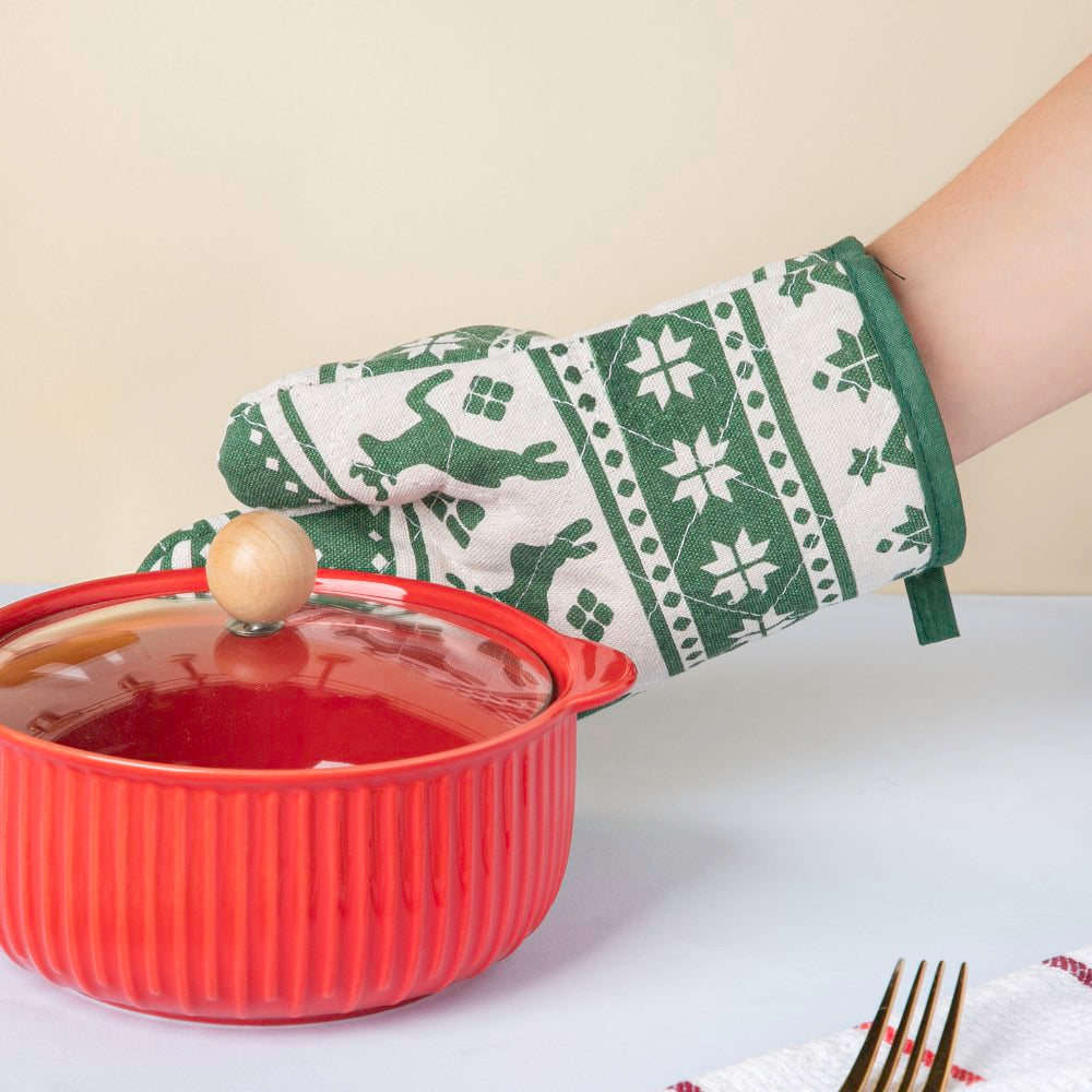 Festive Christmas Oven Mitt And Mat Green Set Of 2 Nestasia