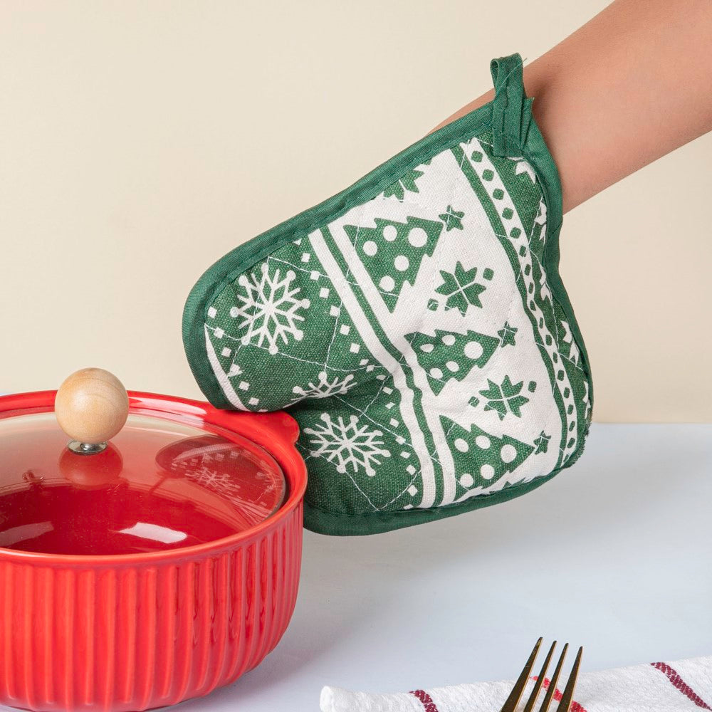 Festive Christmas Oven Mitt And Mat Green Set Of 2 Nestasia