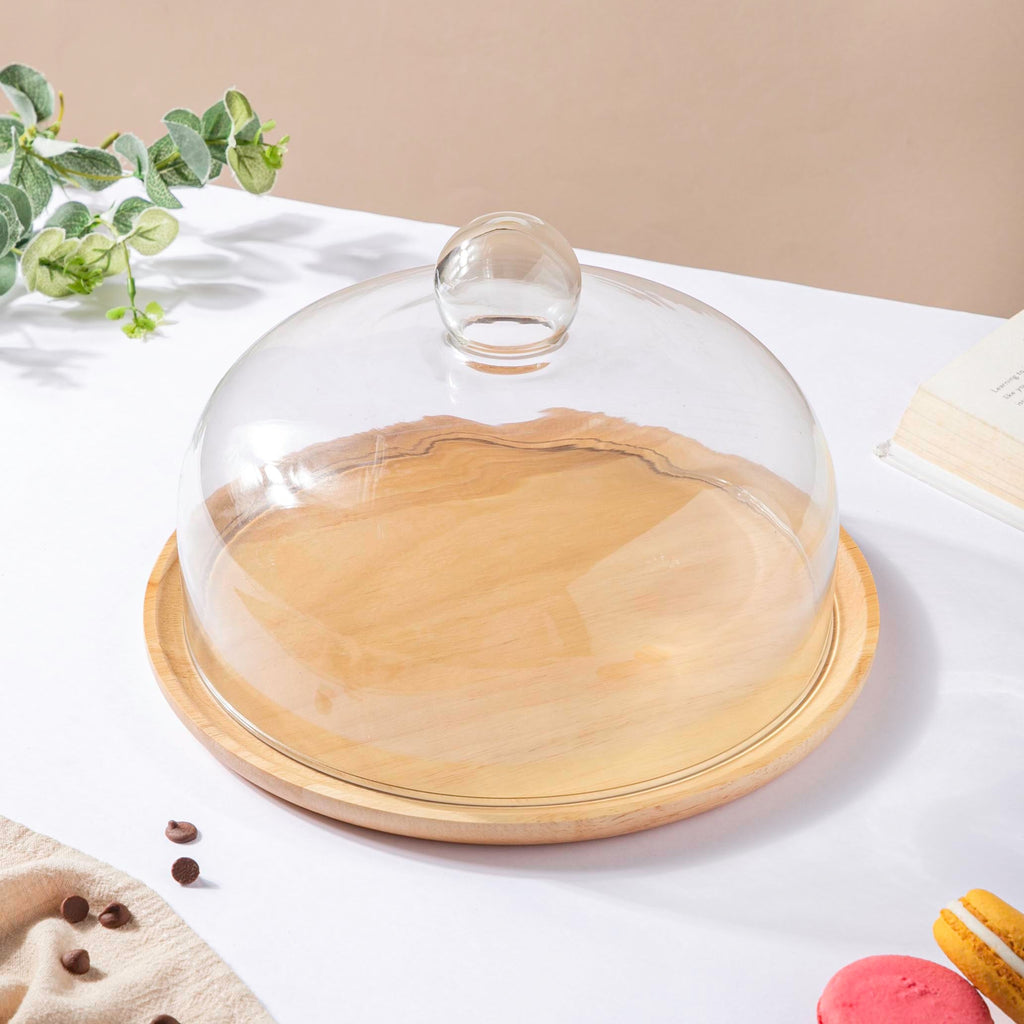 Rubber Wood Cake Stand With Dome 10 inch Nestasia