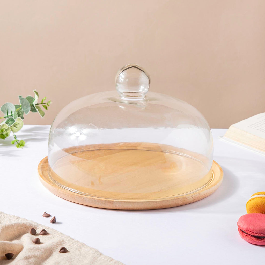 Rubber Wood Cake Stand With Dome 10 inch Nestasia