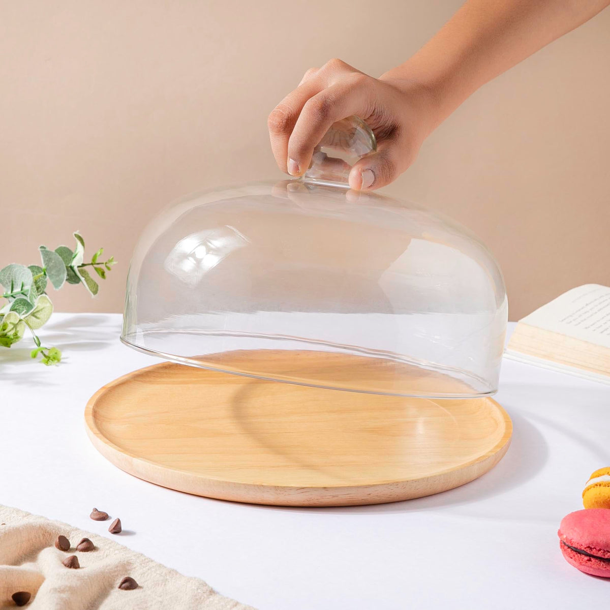Rubber Wood Cake Stand With Dome 10 inch Nestasia