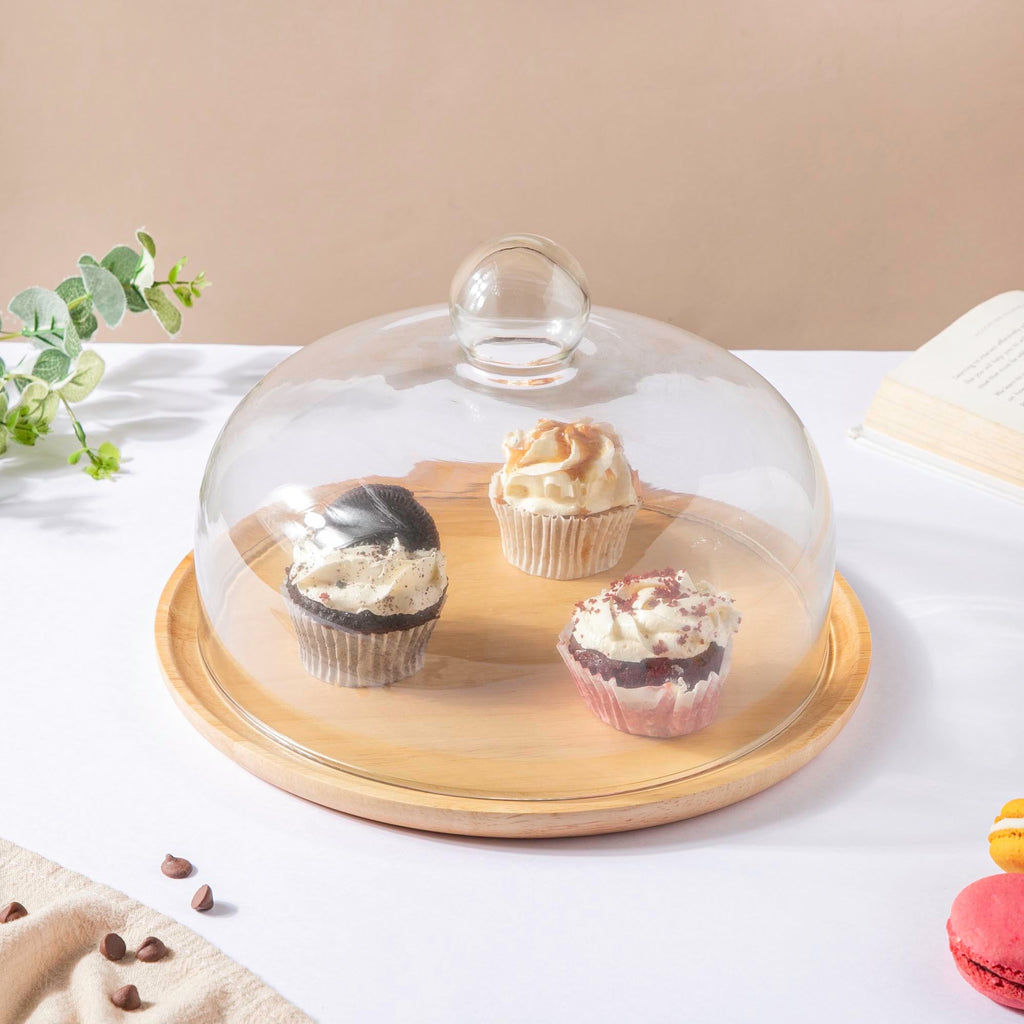 Rubber Wood Cake Stand With Dome 10 inch Nestasia