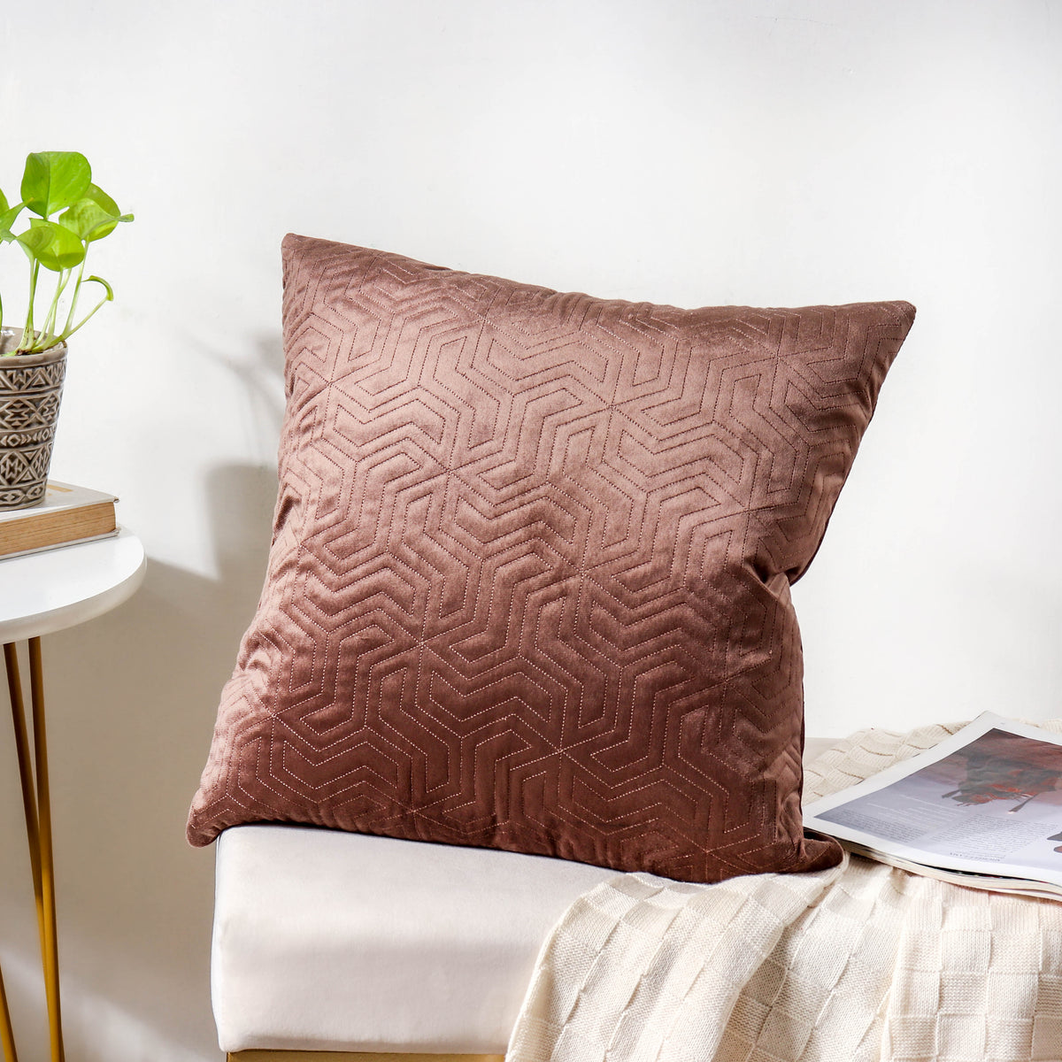 Brown Quilted Velvet Cushion Cover 16 inch Nestasia
