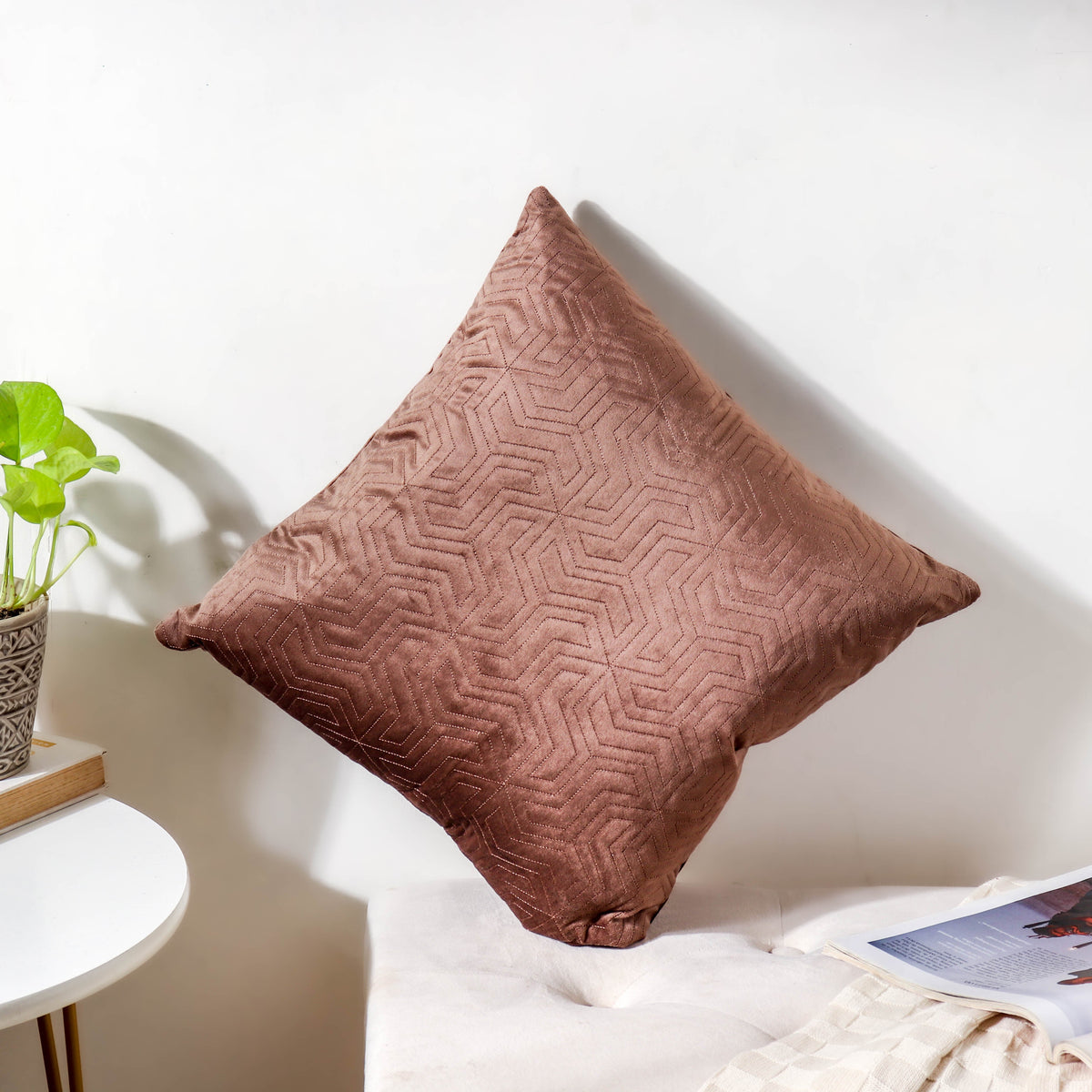 Brown Quilted Velvet Cushion Cover 16 inch Nestasia