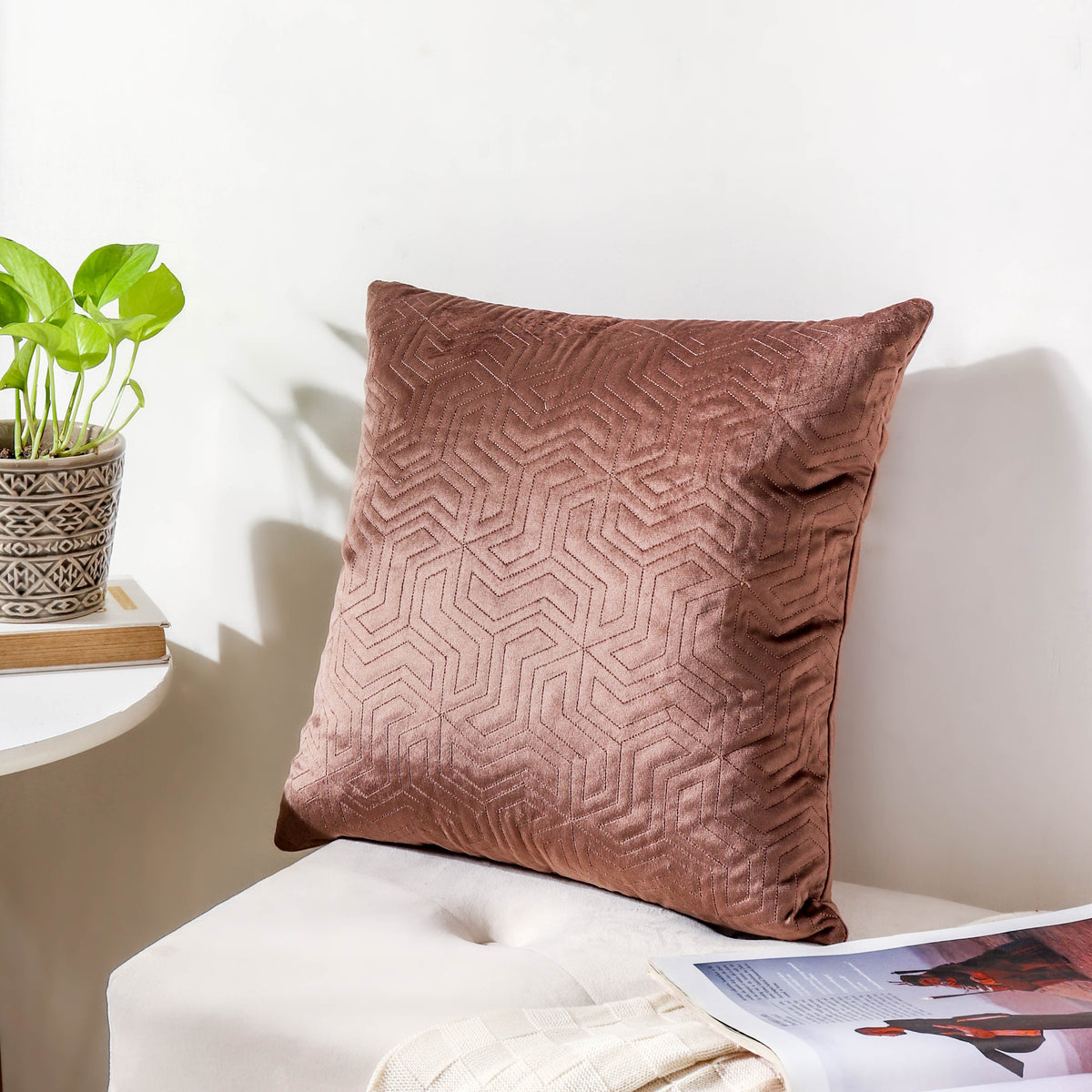 Brown Quilted Velvet Cushion Cover 16 inch Nestasia