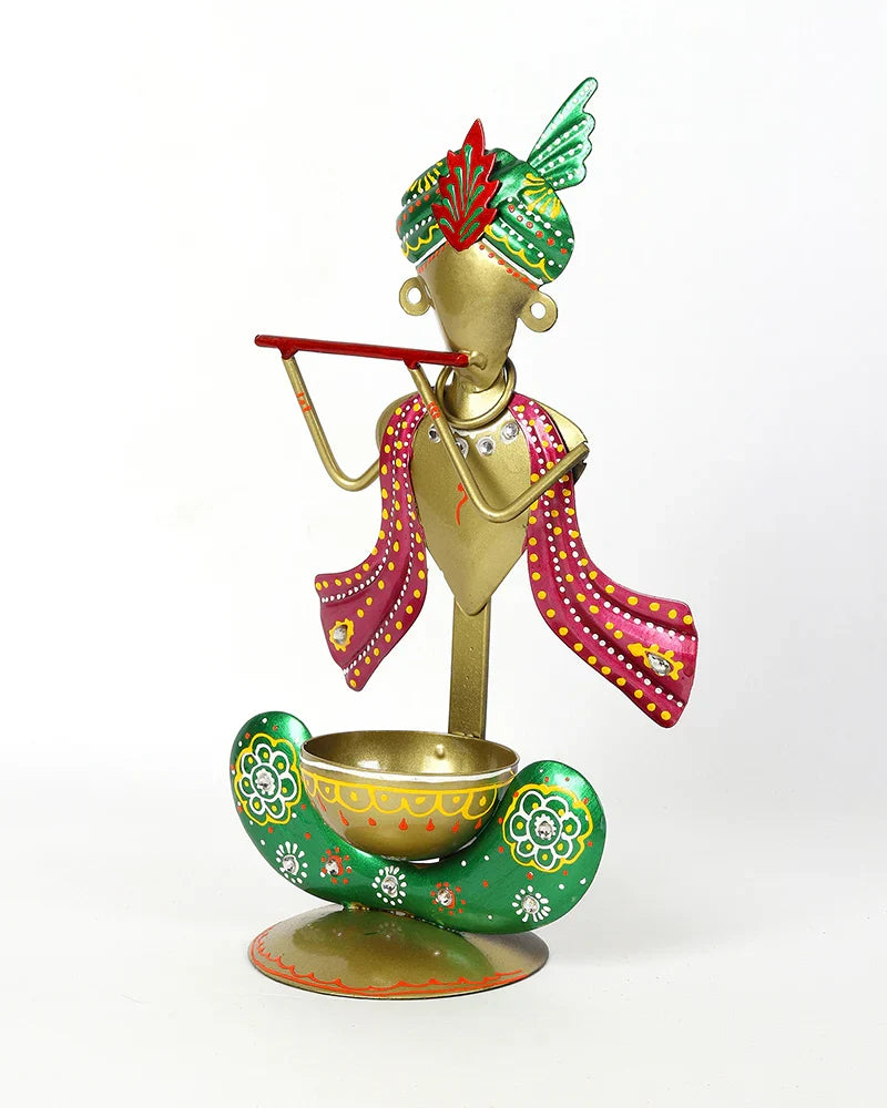 Metal Krishna Statue Candle Holder and Tea Light Stand for Home