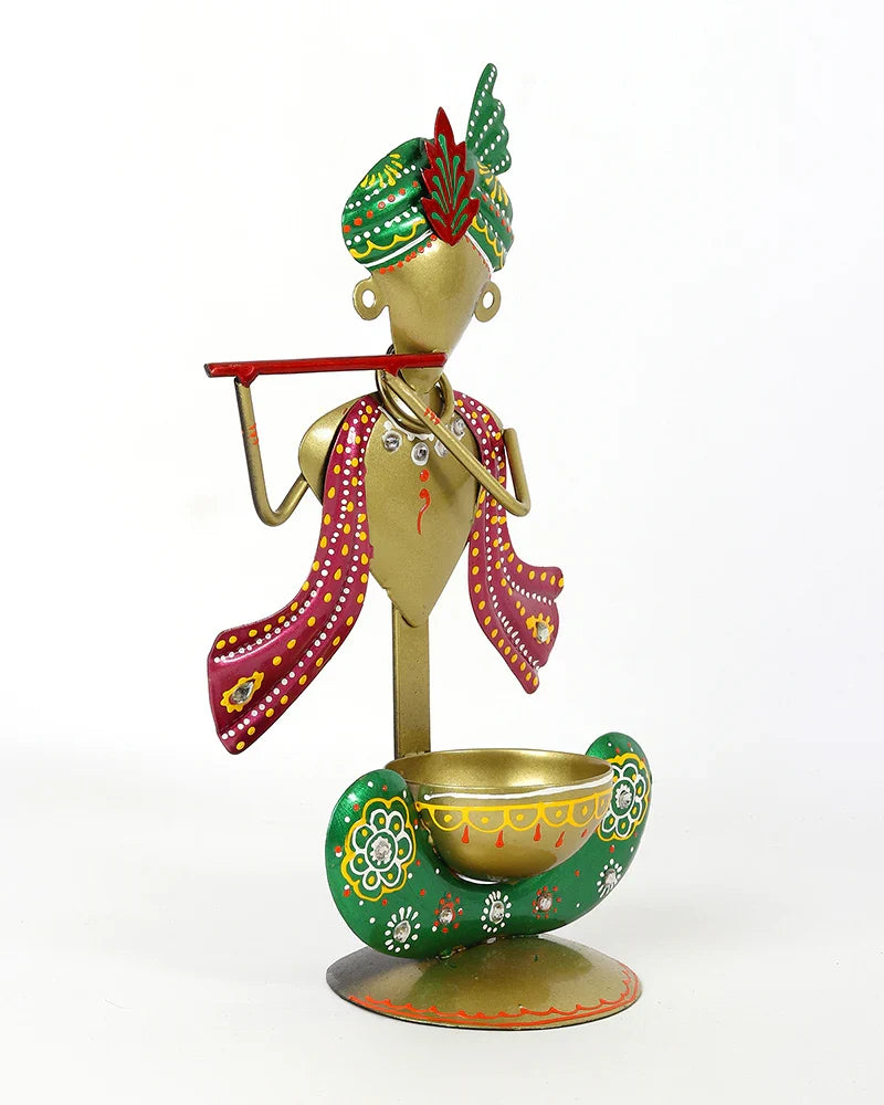 Metal Krishna Statue Candle Holder and Tea Light Stand for Home