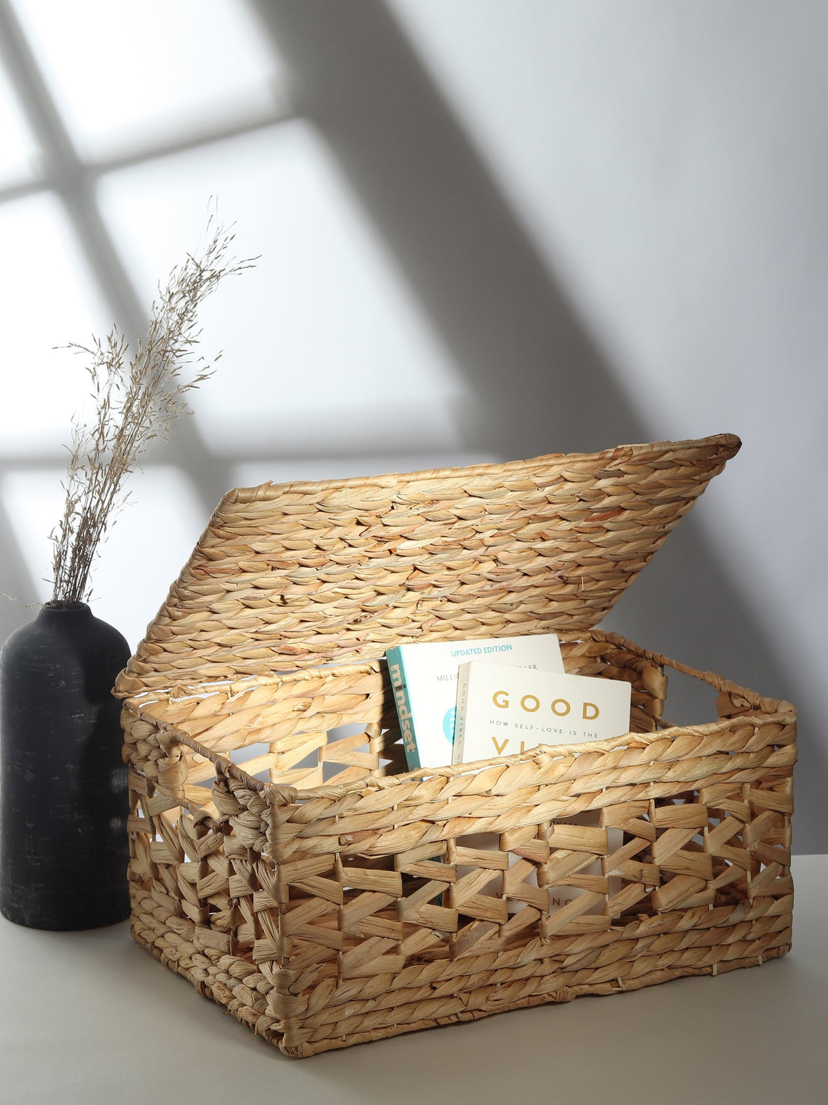 Rustic Seagrass Basket with Jali Design and Metal Frame for Decorative Storage