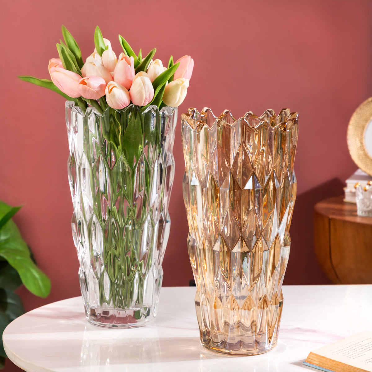 Tulip Crystal Glass Vase Amber 11 Inch Nestasia
