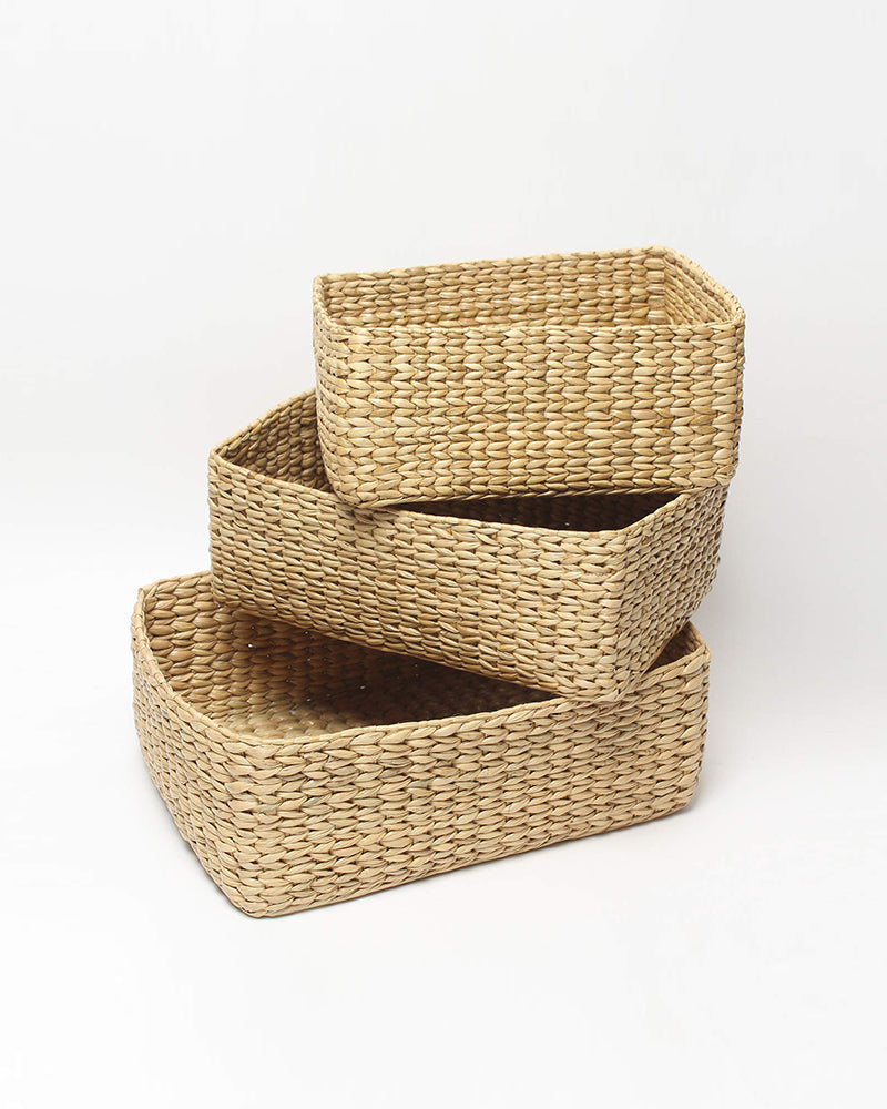 Handmade Seagrass Storage Basket Set of 3 for Tabletop, Shelf, and Closet Organization