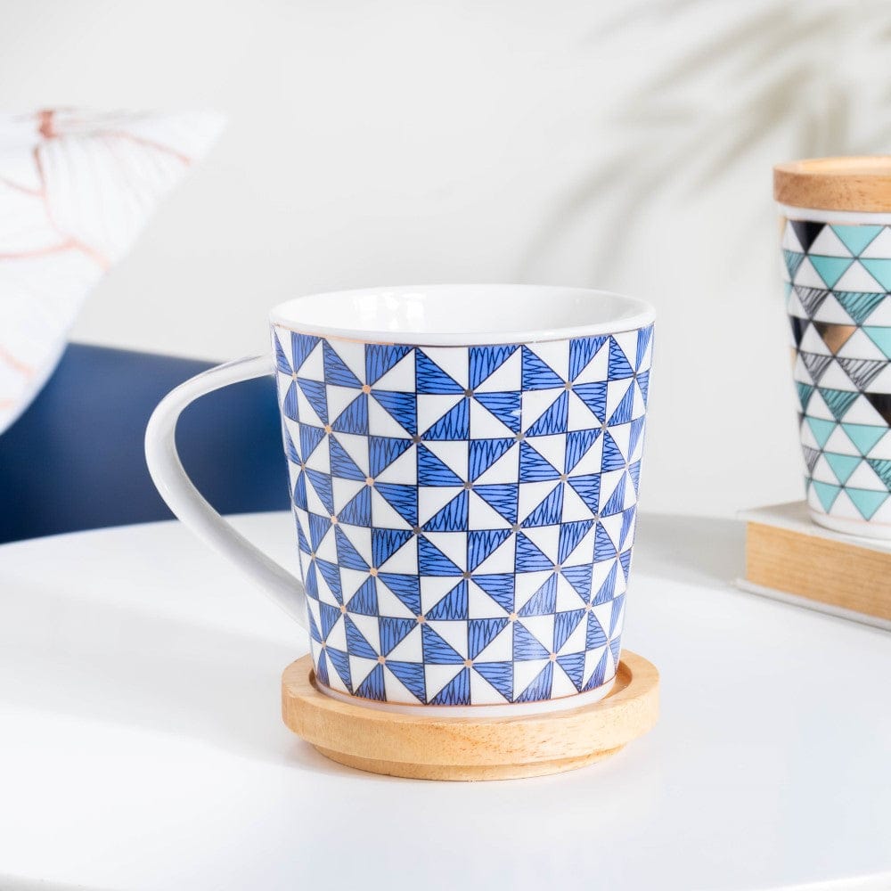 Mosaic Mug With Wooden Lid Blue White Large 500 ml Nestasia