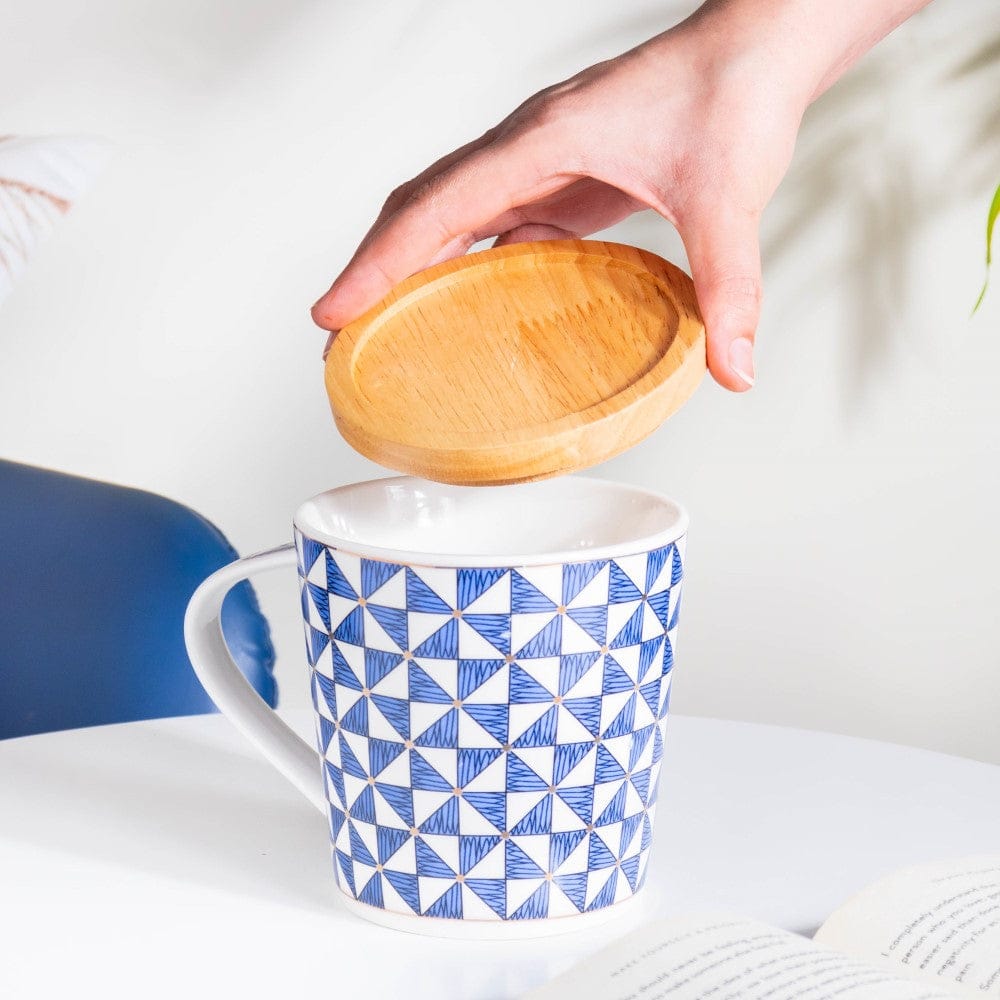 Mosaic Mug With Wooden Lid Blue White Large 500 ml Nestasia