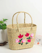 Embroidered Seagrass Shopping Bag Handmade for Storage & Daily Use