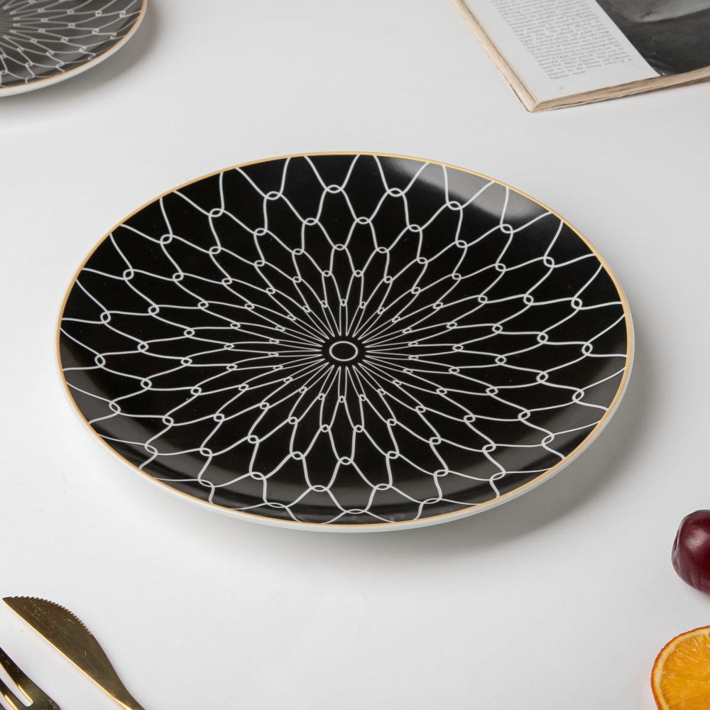 Trellis Gloss Ceramic Dinner Plate Black White Rim 10 Inch Nestasia