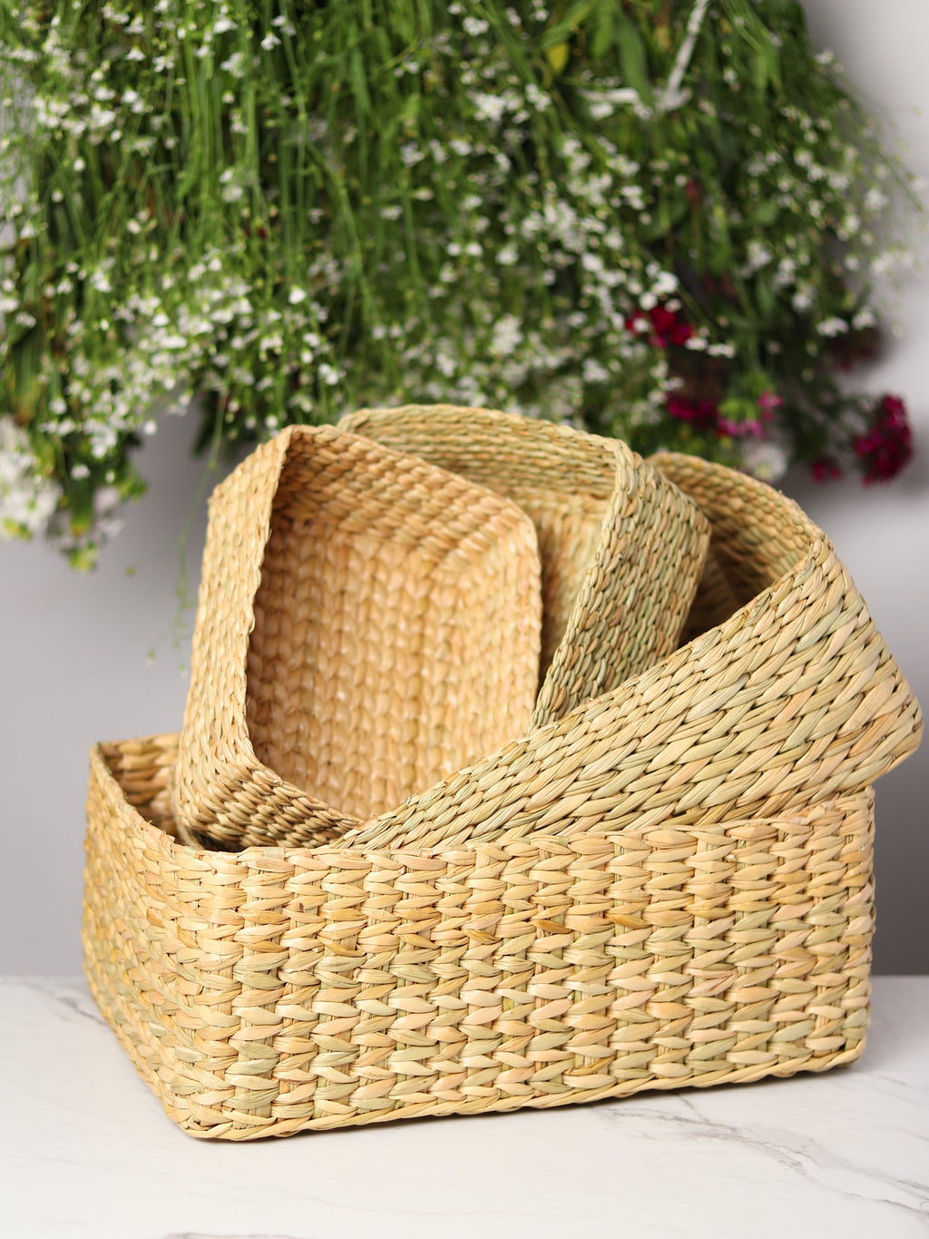 Natural Seagrass Storage Basket Set of 4 for Kitchen, Bathroom, and Living Room Organization
