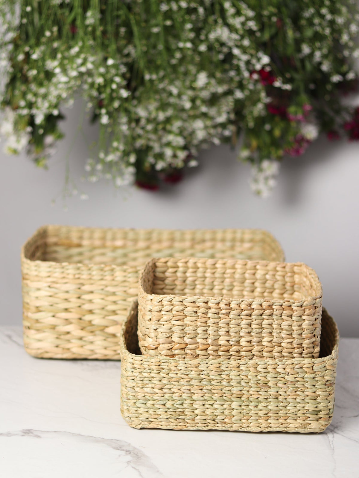 Handmade Seagrass Storage Basket Set of 3 for Tabletop, Shelf, and Closet Organization