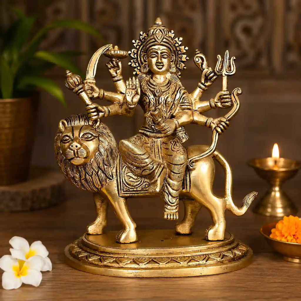 Brass Goddess Durga Sitting on Lion Statue (8 Inch) Vedansh Craft