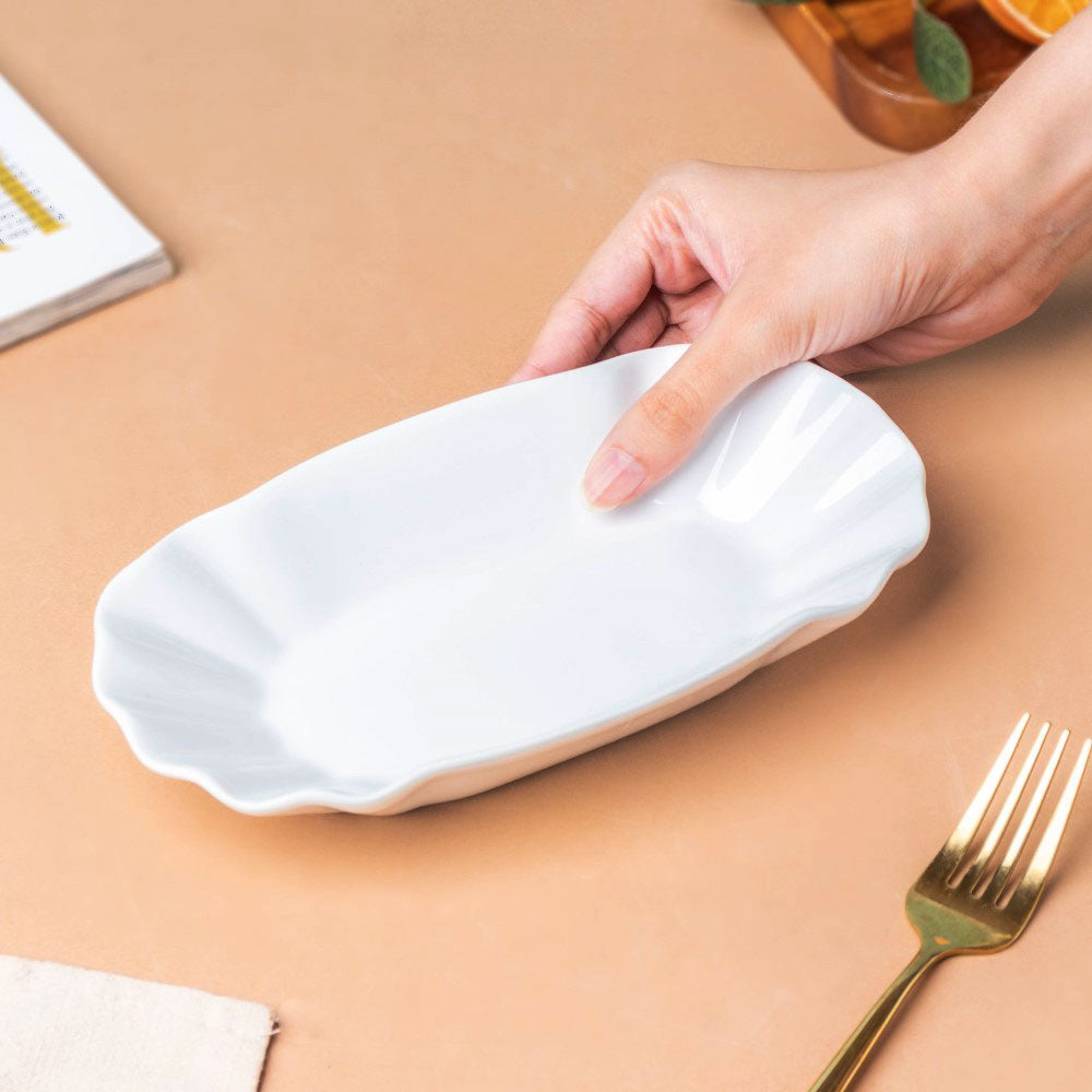 Ceramic Scalloped Long Snack Plate Classic White 8 Inch Nestasia