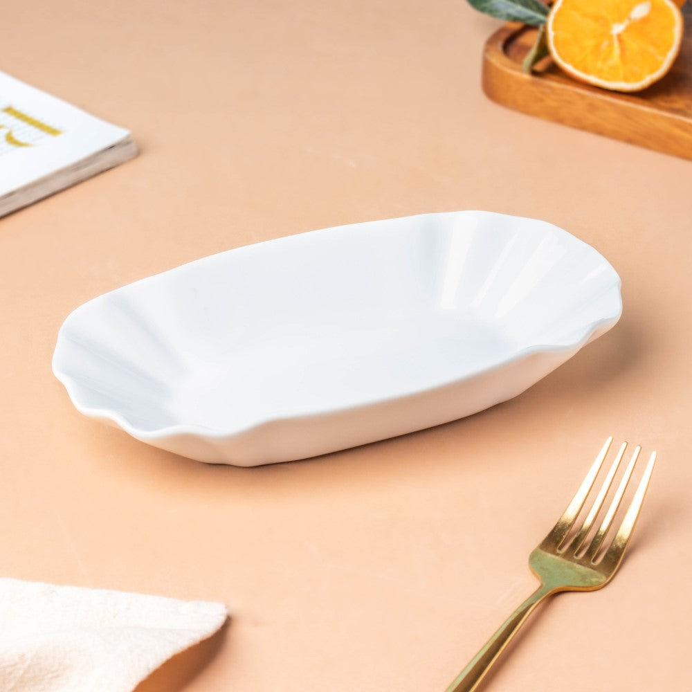 Ceramic Scalloped Long Snack Plate Classic White 8 Inch Nestasia