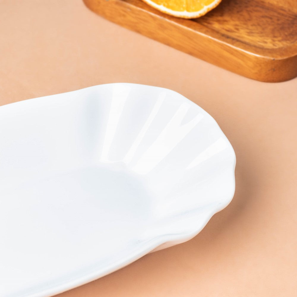 Ceramic Scalloped Long Snack Plate Classic White 8 Inch Nestasia