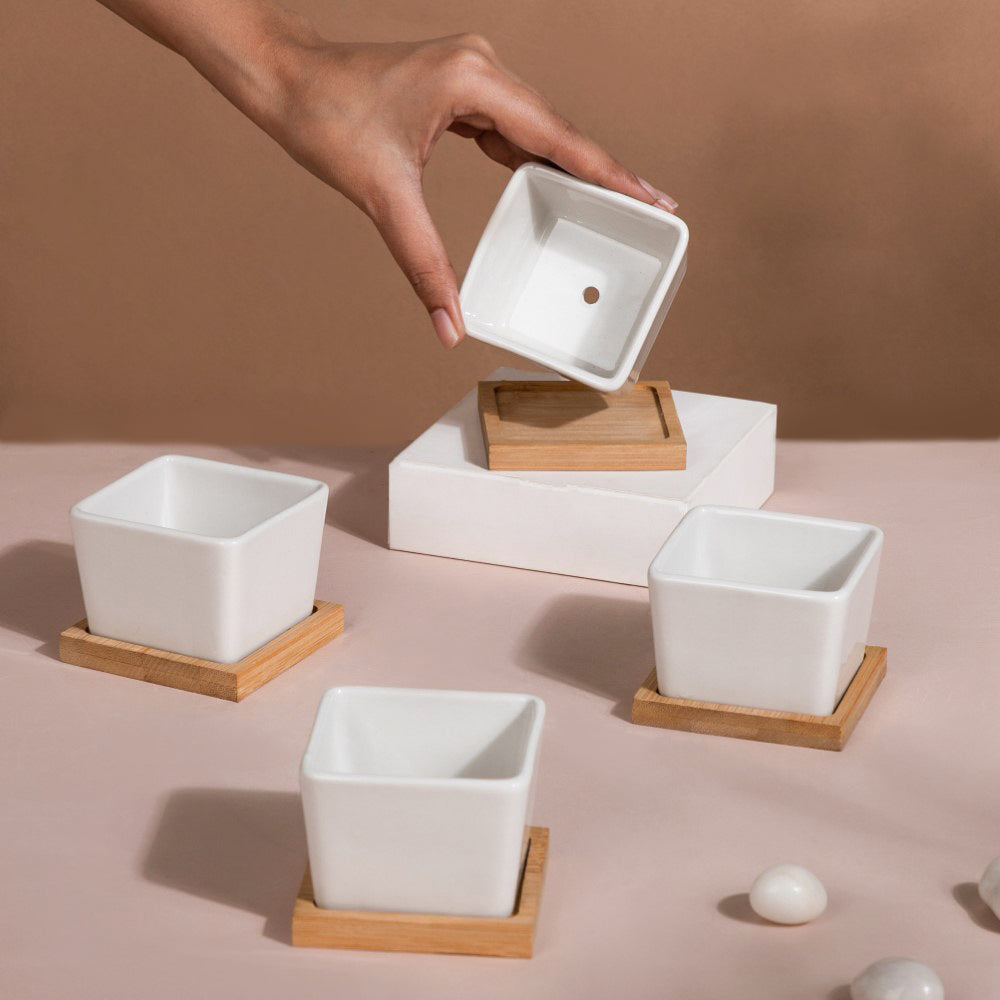White Ceramic Planter Square Set Of 4 Nestasia