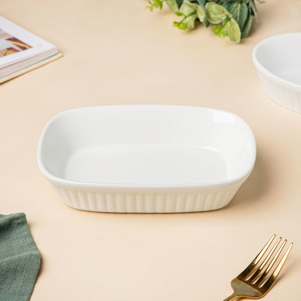 Classic Rectangle Ribbed Ceramic Baking Dish White 300 ml Nestasia