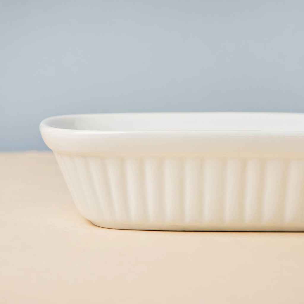 Classic Rectangle Ribbed Ceramic Baking Dish White 300 ml Nestasia