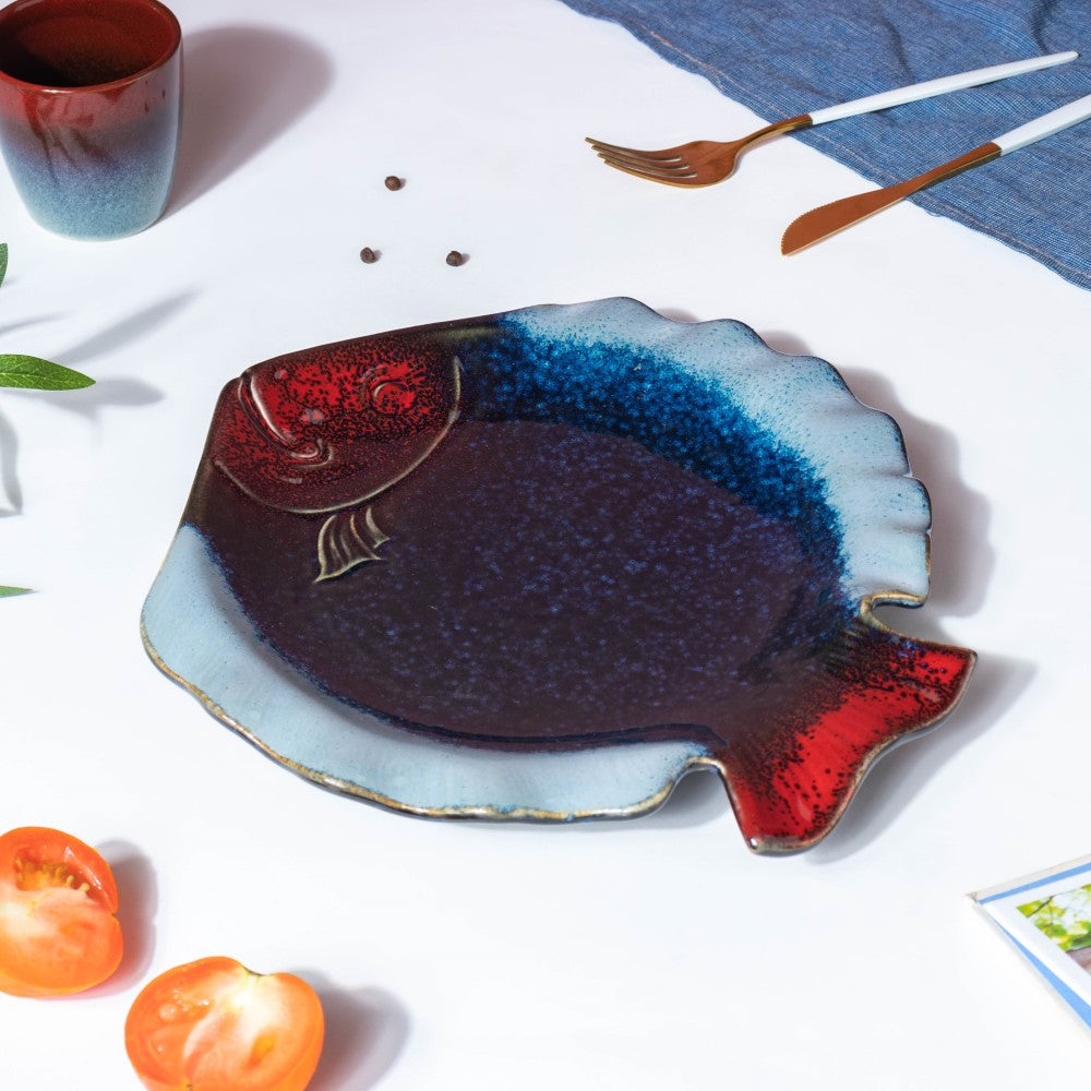 Studio Pottery Blue Fish Plate 10 Inch Nestasia