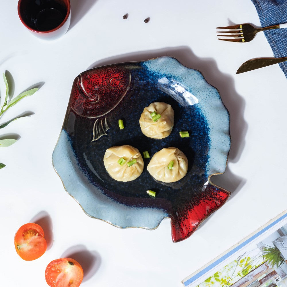 Studio Pottery Blue Fish Plate 10 Inch Nestasia