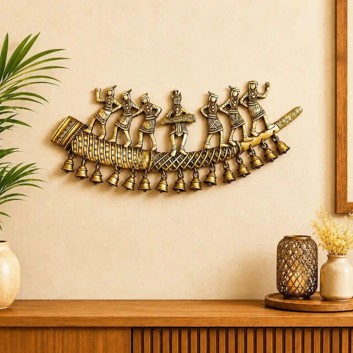 Brass Tribal Folk Dancers On Shehnai With Bell Wall Hanging (8 Inch) Vedansh Craft