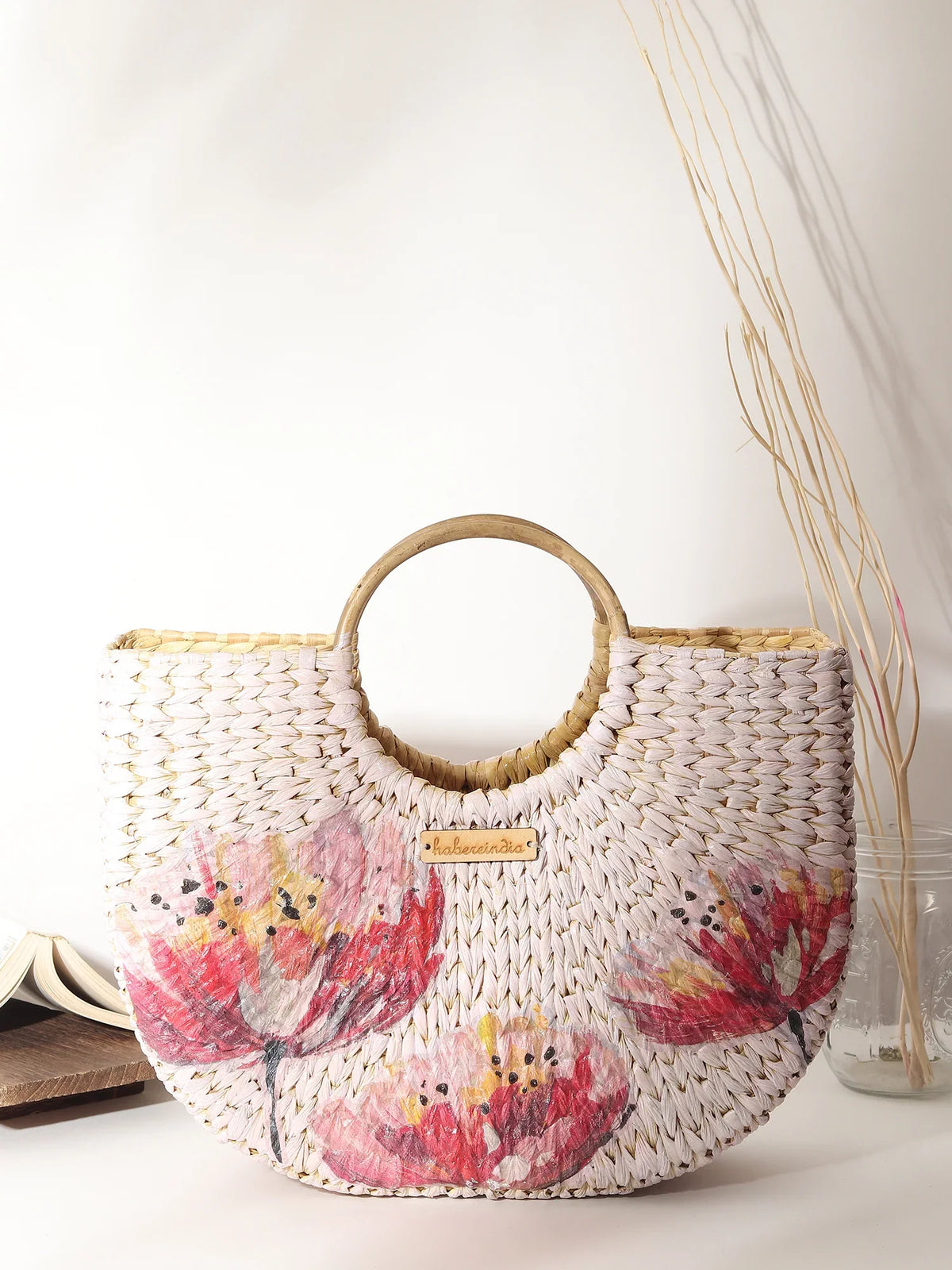 Handmade Seagrass Half Moon Tote Bag for Storage, Shopping