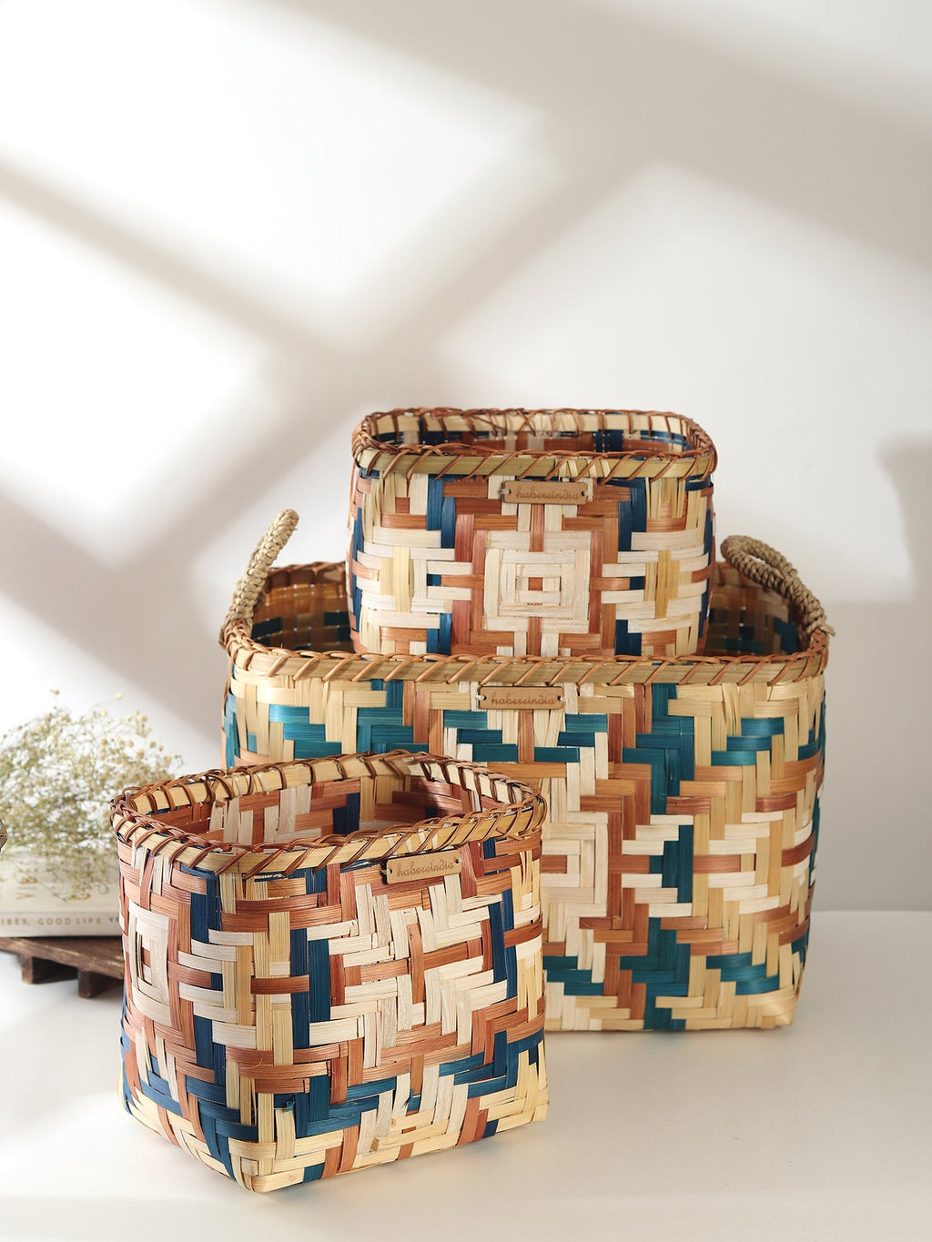 Natural Bamboo Shelf Baskets with Handles Set of 3 for Storage and Home Decor