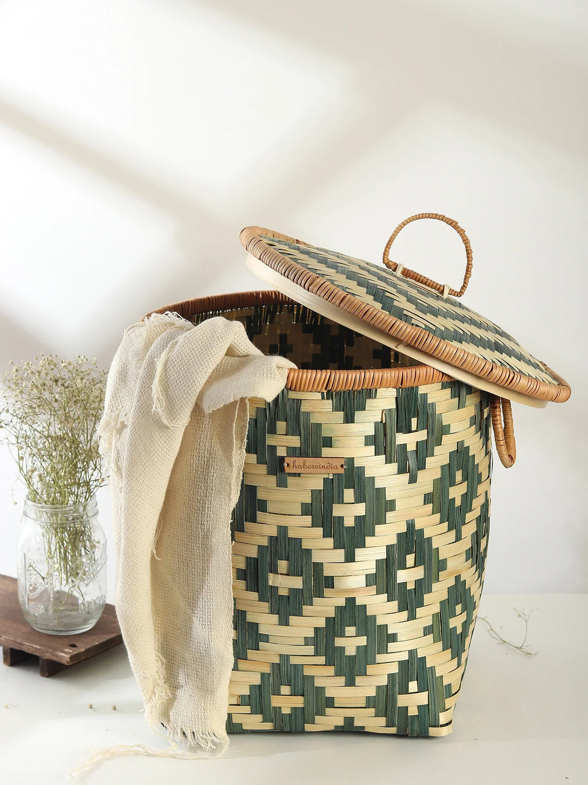 Natural Bamboo Storage Basket with Lid for Bathroom, Bedroom, and Laundry Use