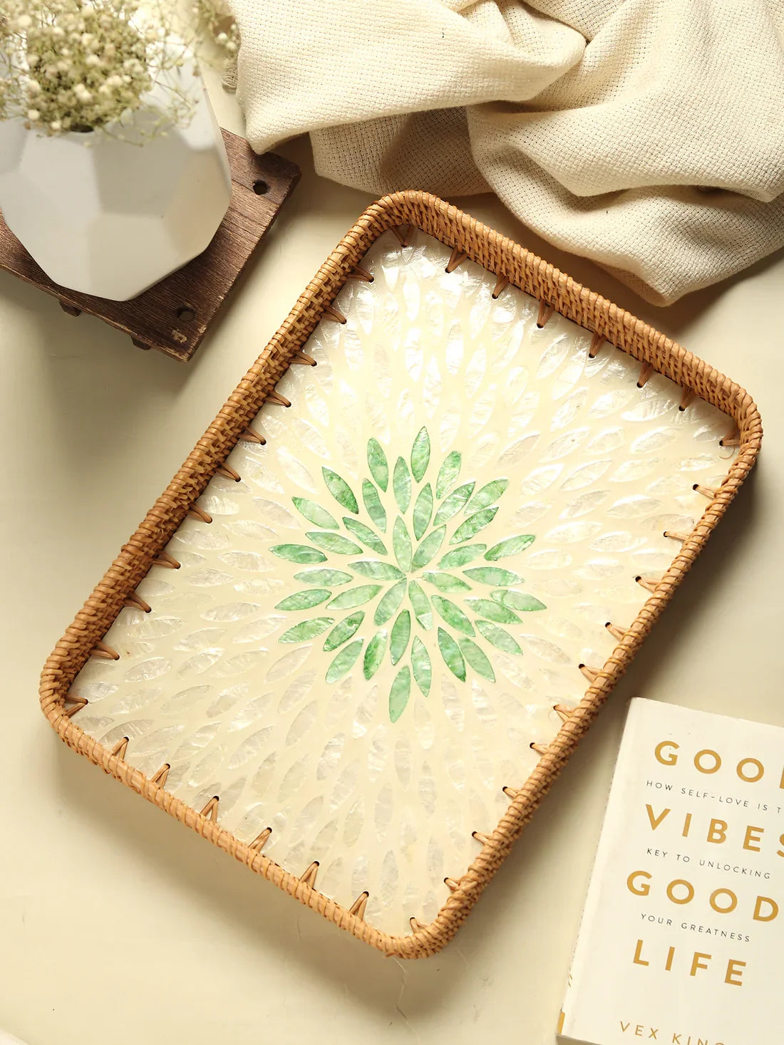 Decorative Green Rangoli Mosaic Cane Tray for Coffee Table and Kitchen Serving