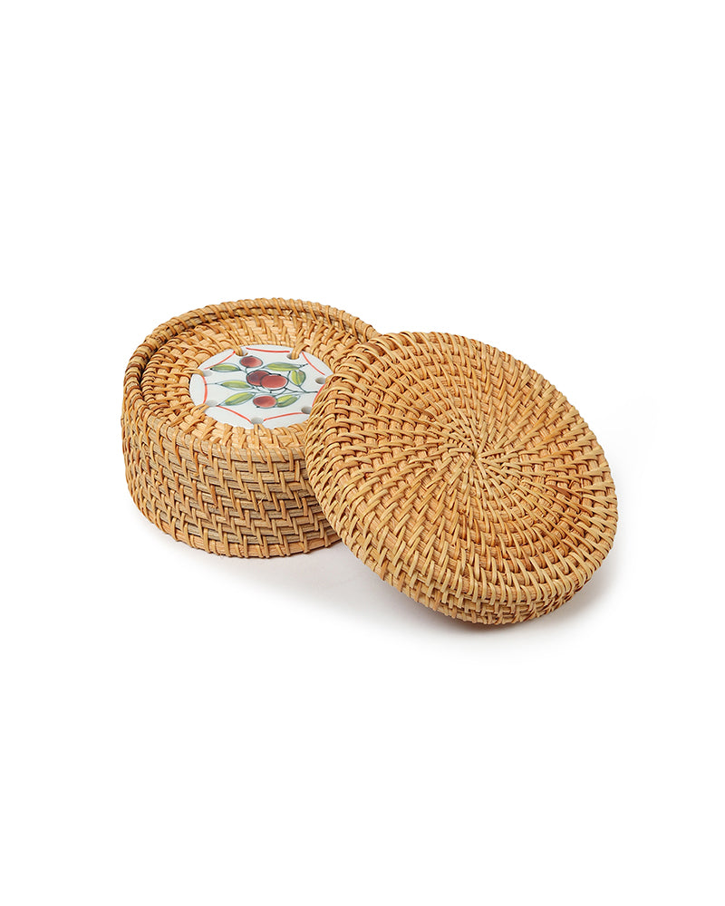 Decorative Rattan Coaster Set of 6 with Storage Holder for Drinks and Home Use