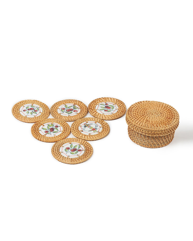 Decorative Rattan Coaster Set of 6 with Storage Holder for Drinks and Home Use