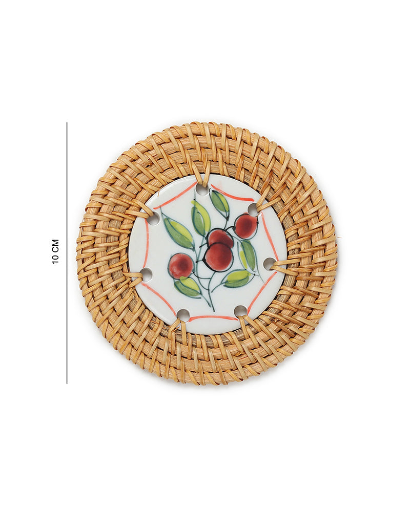 Decorative Rattan Coaster Set of 6 with Storage Holder for Drinks and Home Use
